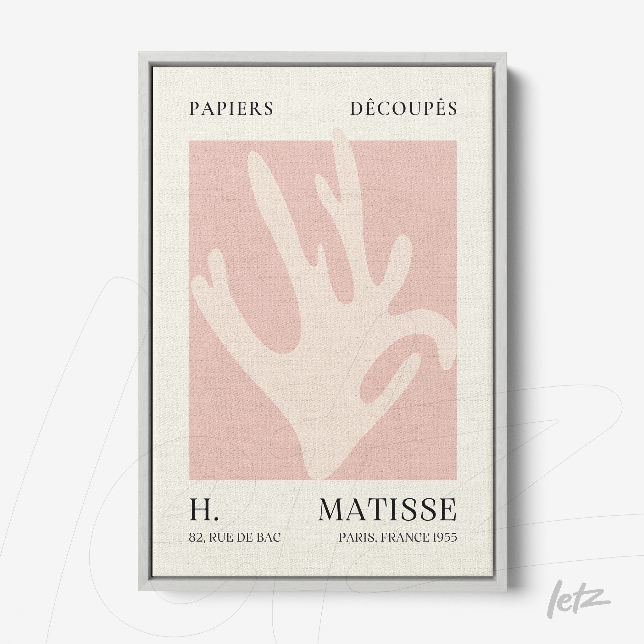 quadro decorativo com arte abstrata de mão em fundo rosa claro e moldura prata