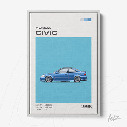 quadro decorativo com ilustração estilizada de um Honda Civic azul de 1996 em fundo azul claro