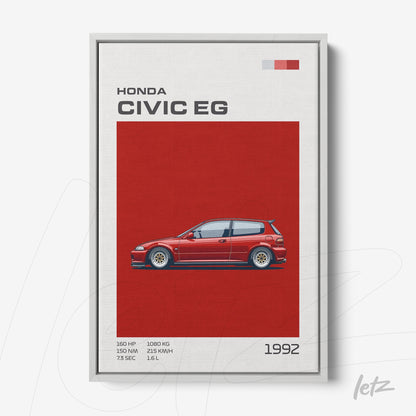 quadro em canvas com ilustração do Honda Civic EG vermelho de 1992 em fundo vermelho, incluindo detalhes técnicos do veículo