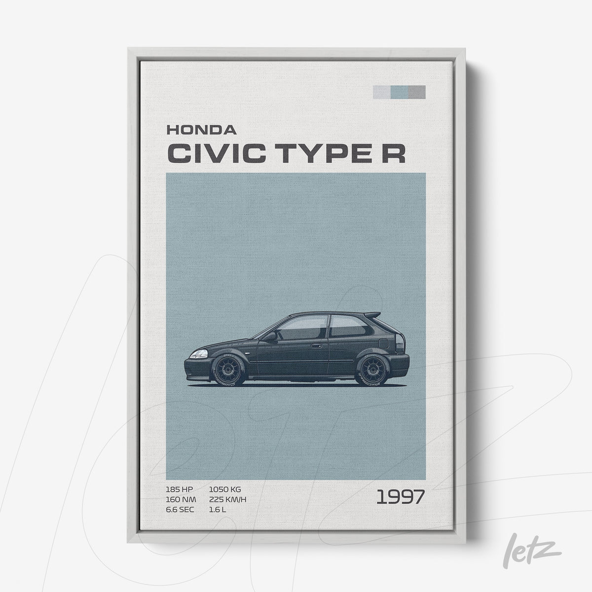 quadro em moldura cinza claro com ilustração minimalista do Honda Civic Type R 1997 em fundo neutro
