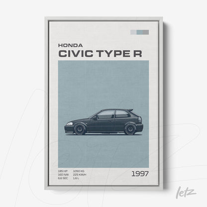 quadro em moldura cinza claro com ilustração minimalista do Honda Civic Type R 1997 em fundo neutro