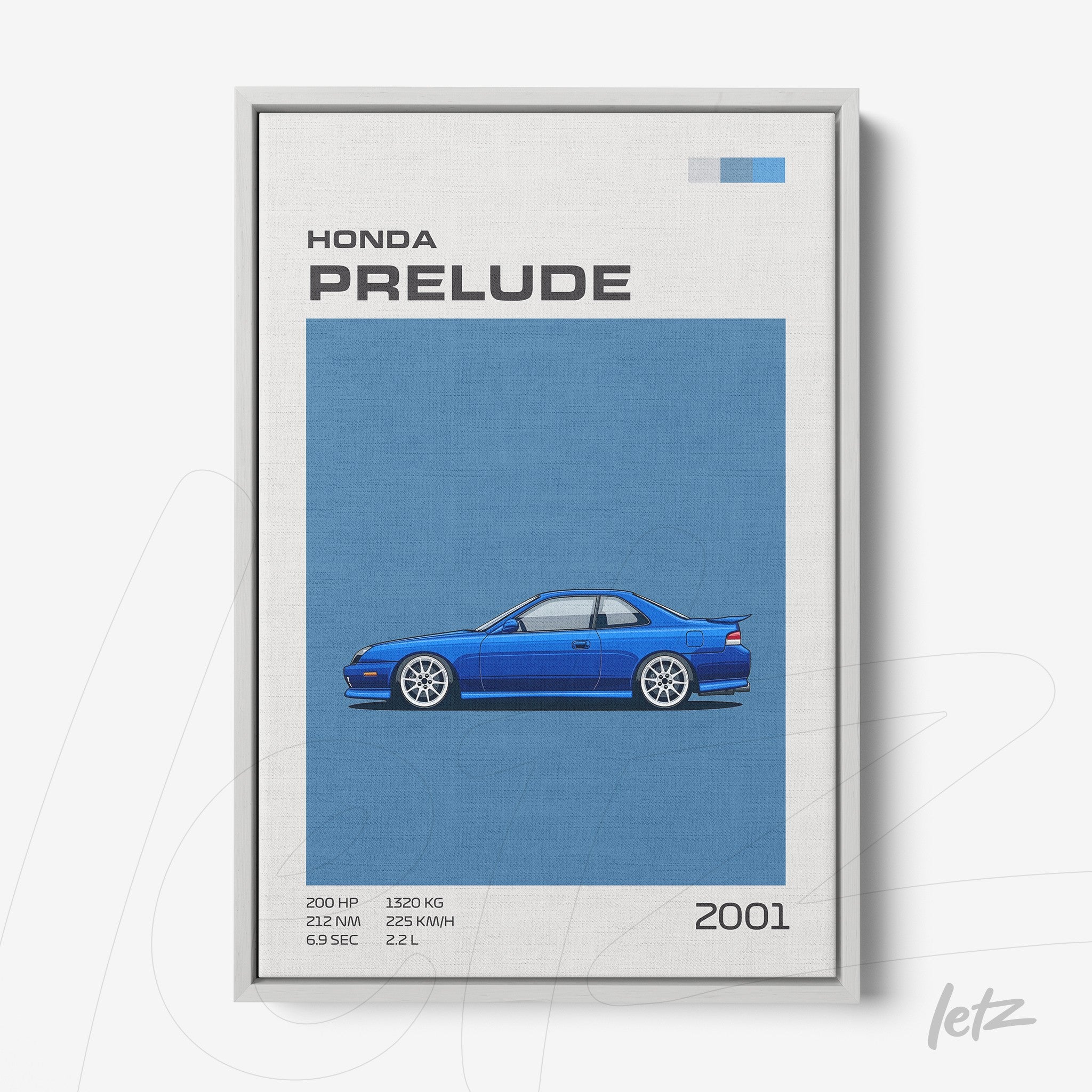 quadro com arte digital do carro Honda Prelude em fundo azul e moldura branca