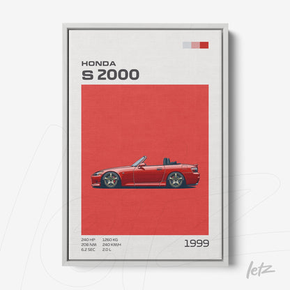 quadro decorativo de carro esportivo Honda S2000 em moldura metálica prateada com fundo vermelho