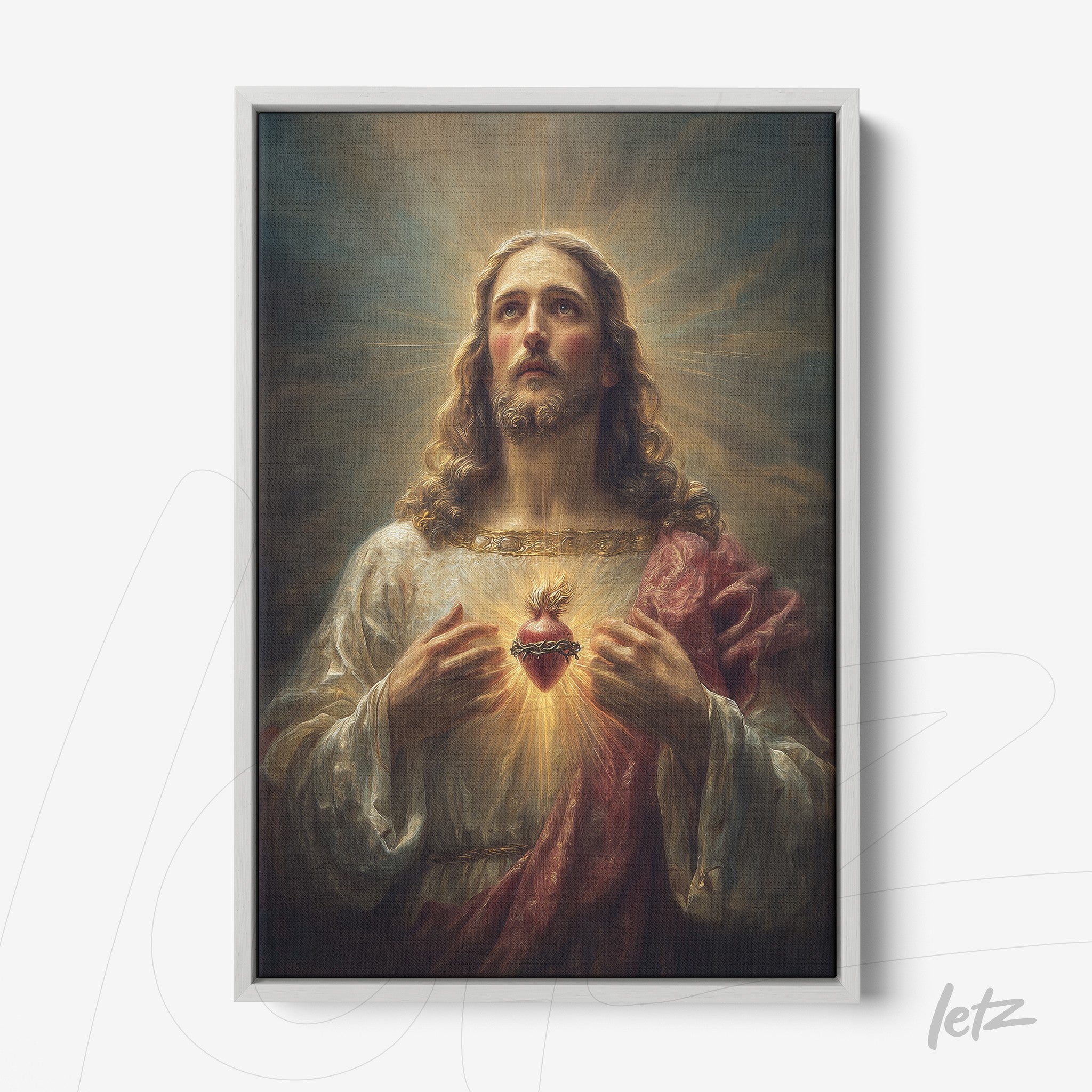 quadro com imagem de Jesus Cristo em moldura branca, destacando seu coração flamejante