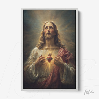 quadro com imagem de Jesus Cristo em moldura branca, destacando seu coração flamejante