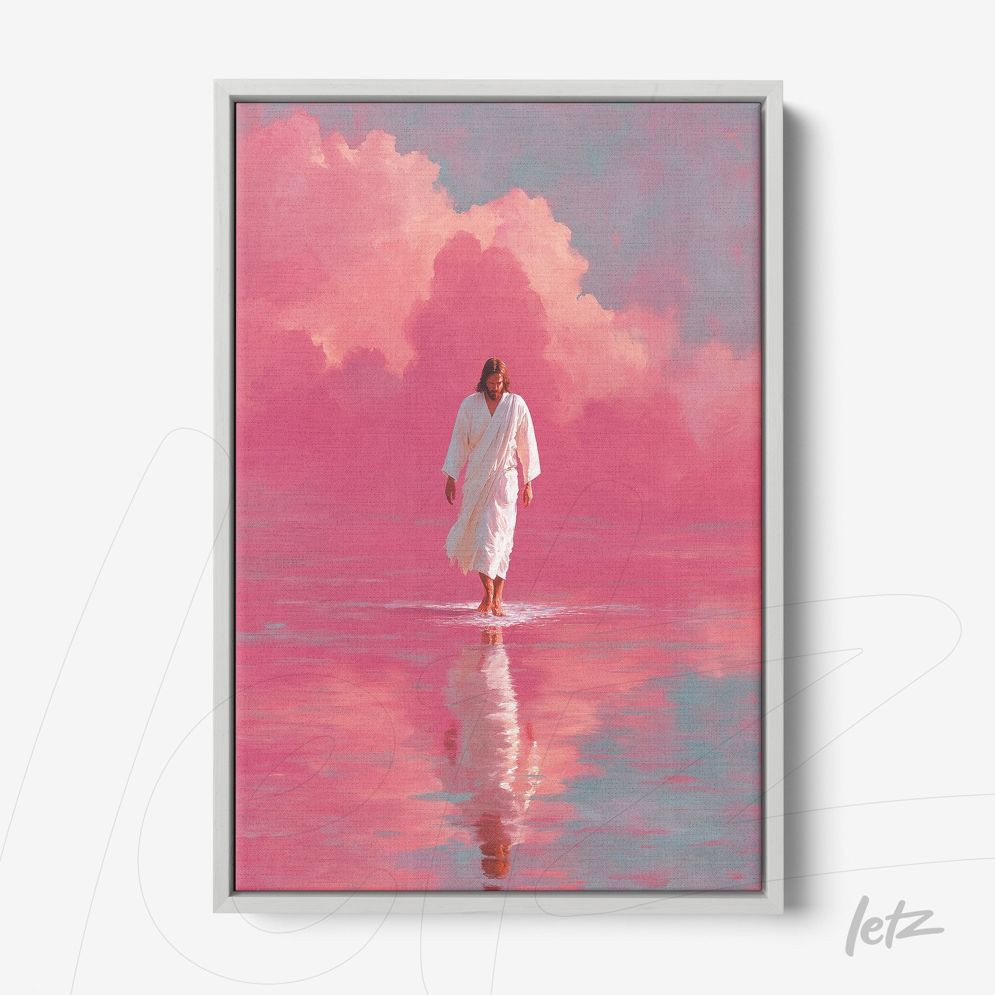 quadro com arte religiosa de figura caminhando sobre água com fundo rosa e nuvens suaves, em moldura cinza clara