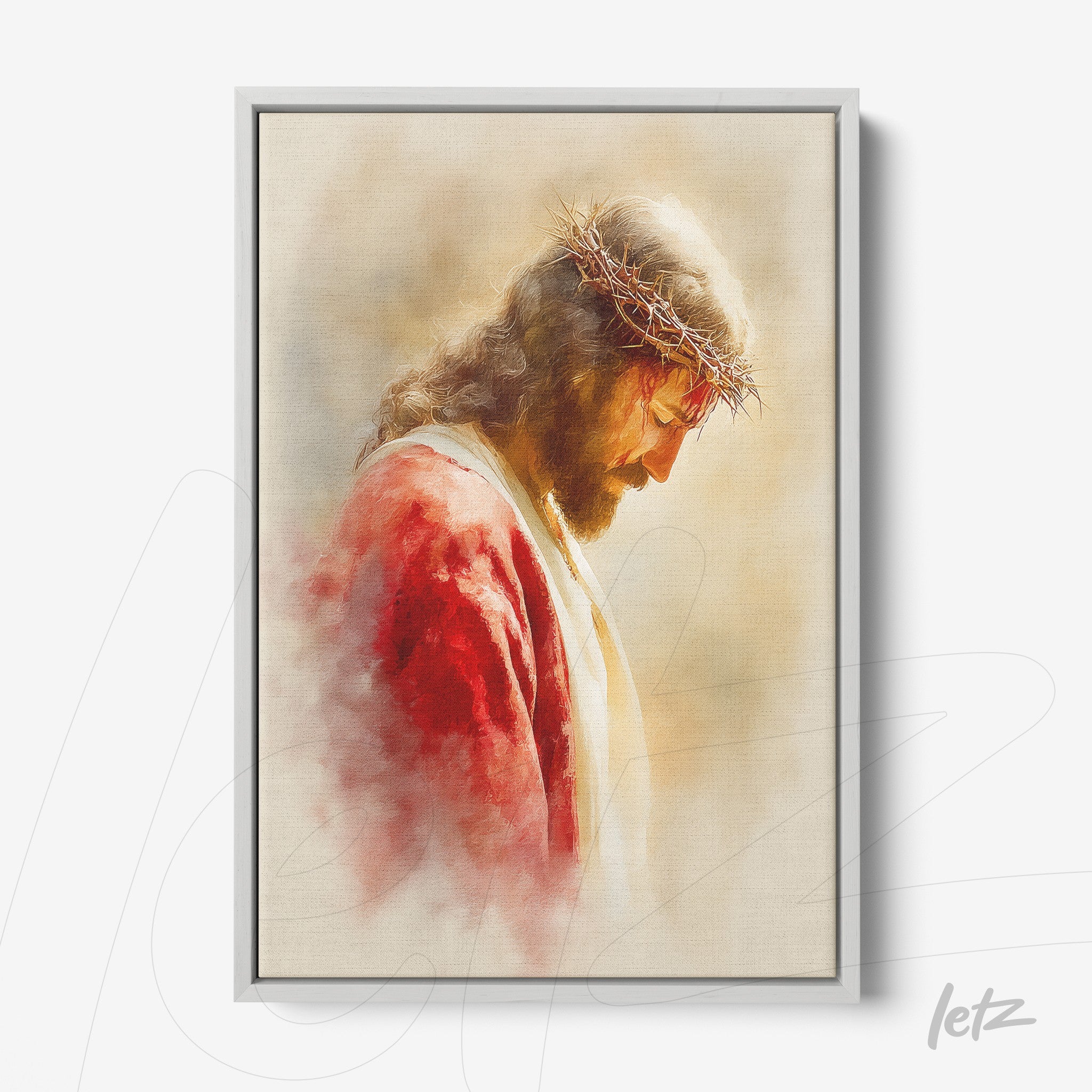 quadro com retrato de Jesus com coroa de espinhos, apresentando fundo suave em tons claros e moldura prata