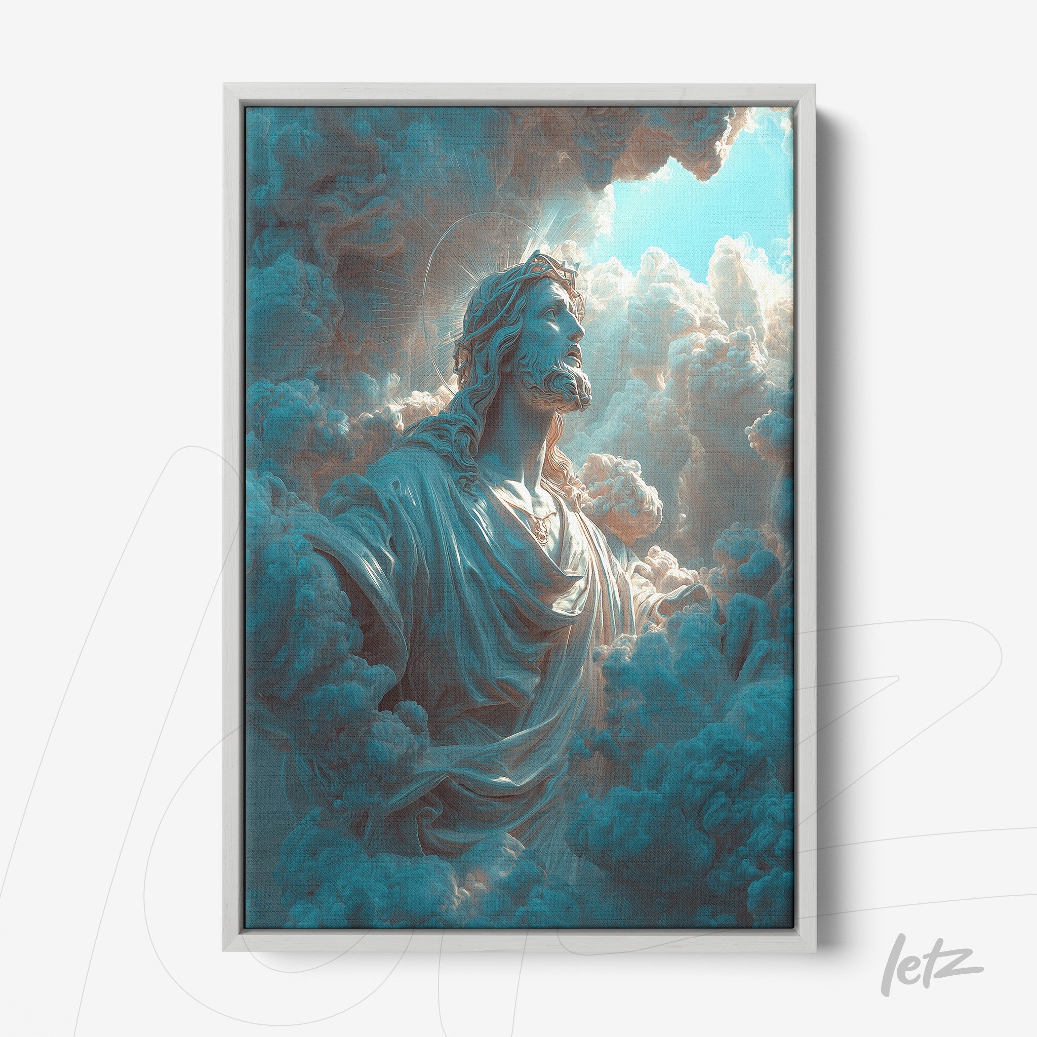 quadro com arte celestial de figura divina emergindo entre nuvens em moldura prata
