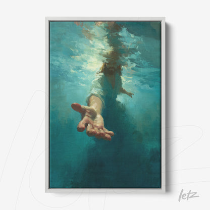 quadro em tela com imagem de Jesus submerso em água, mão estendida em direção ao espectador, fundo azul profundo