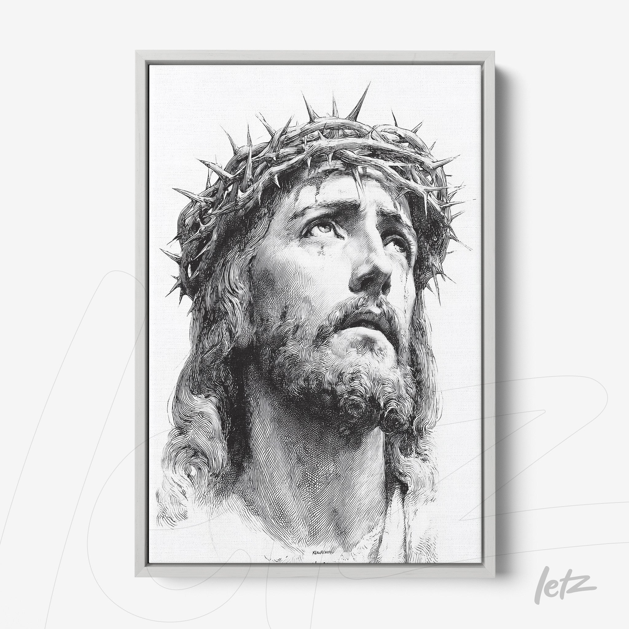 quadro em estilo clássico retratando a imagem de Jesus Cristo com coroa de espinhos em moldura branca