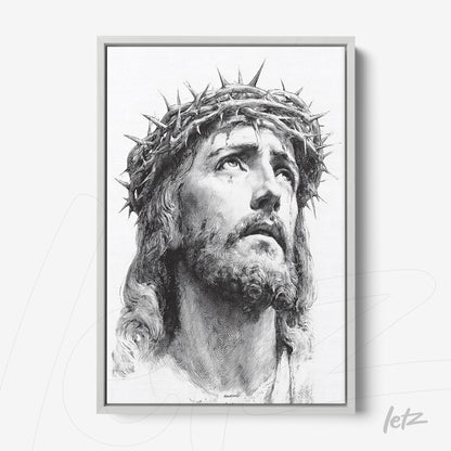 quadro em estilo clássico retratando a imagem de Jesus Cristo com coroa de espinhos em moldura branca