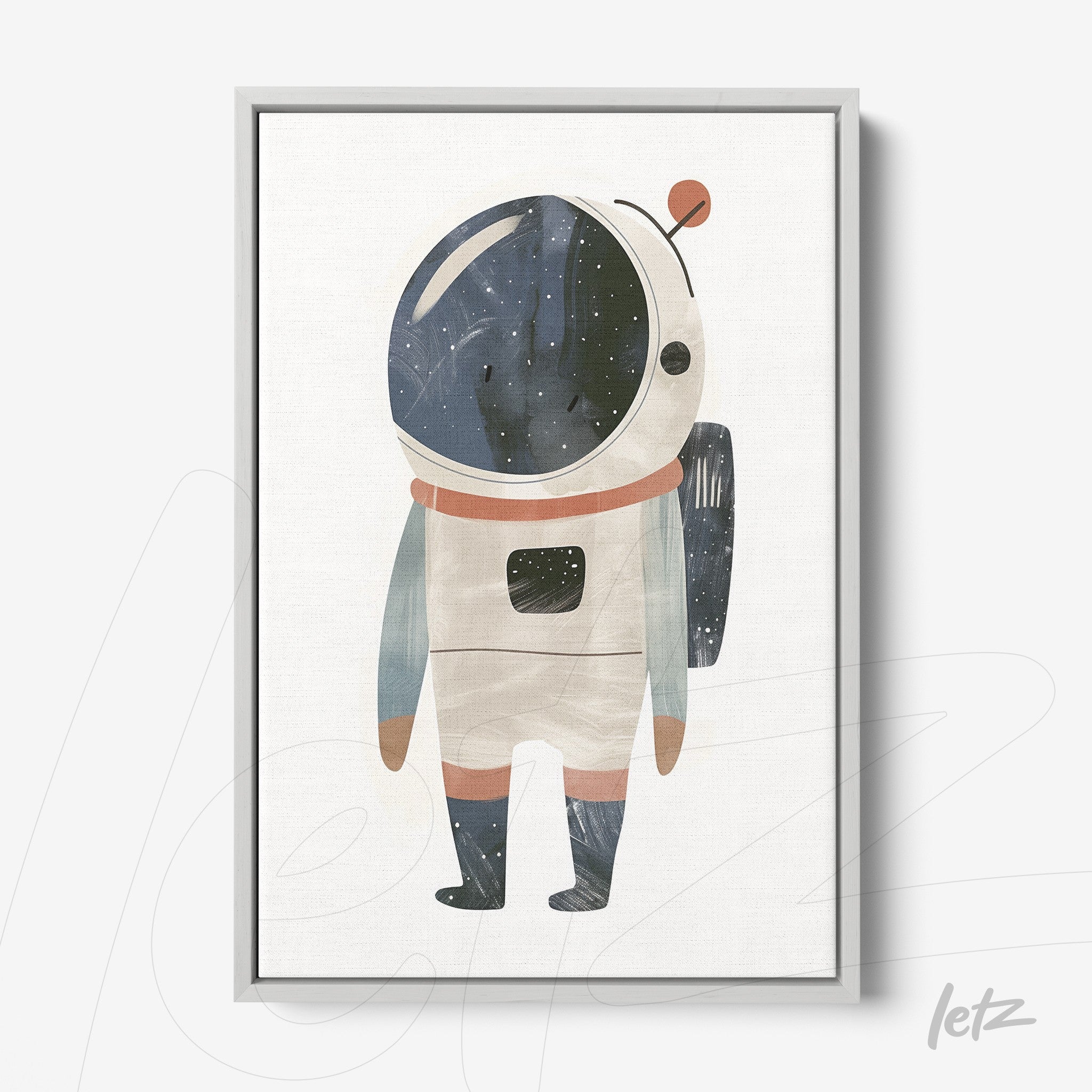 quadro com ilustração de astronauta em estilo aquarela, moldura prata e fundo claro