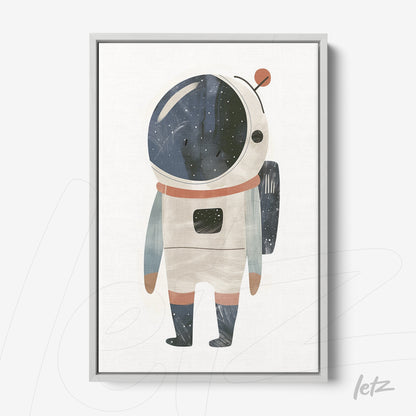 quadro com ilustração de astronauta em estilo aquarela, moldura prata e fundo claro