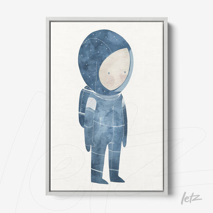quadro com ilustração de astronauta em tons de azul com moldura fina cinza clara