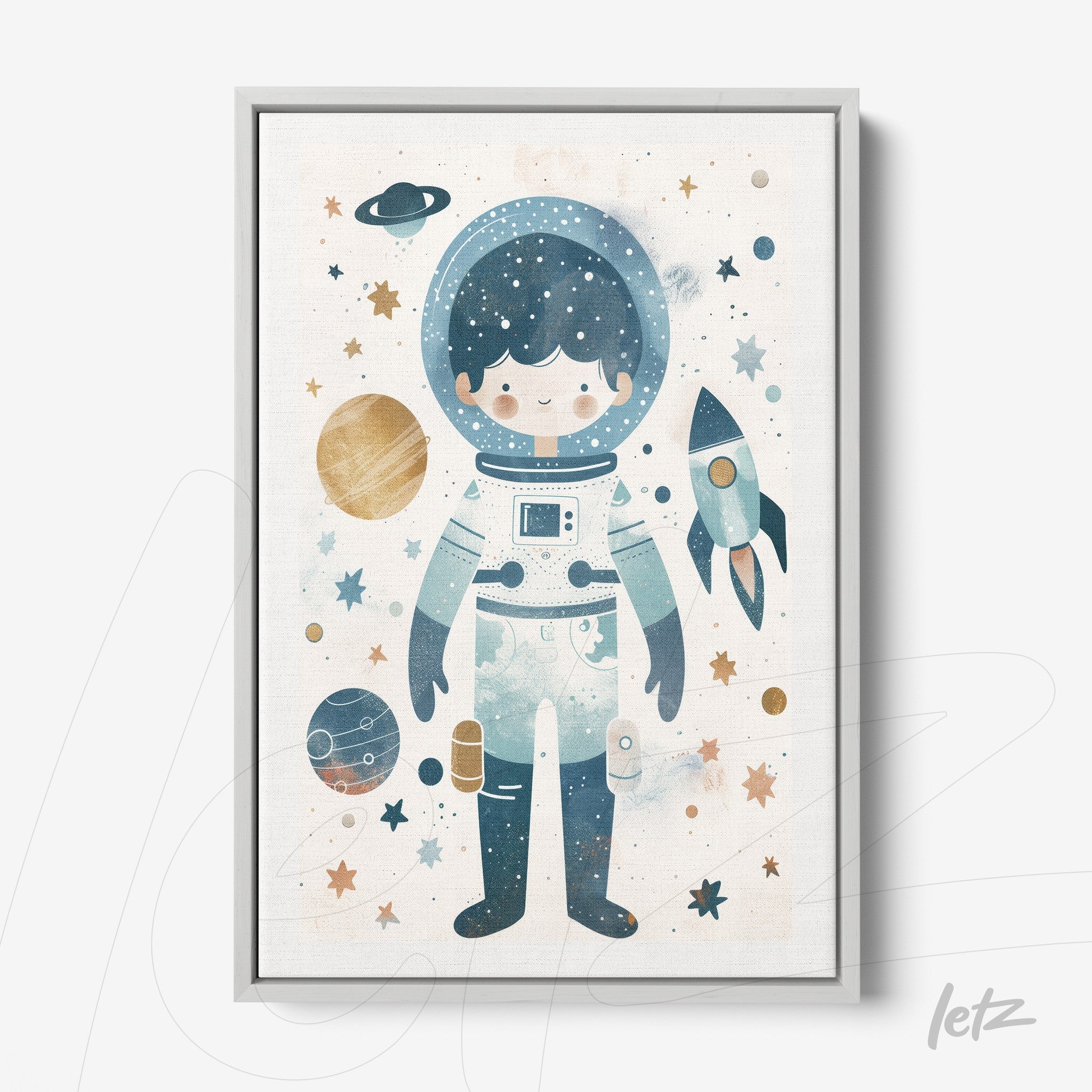 quadro com ilustração fofa de astronauta rodeado por planetas e estrelas em moldura cinza clara