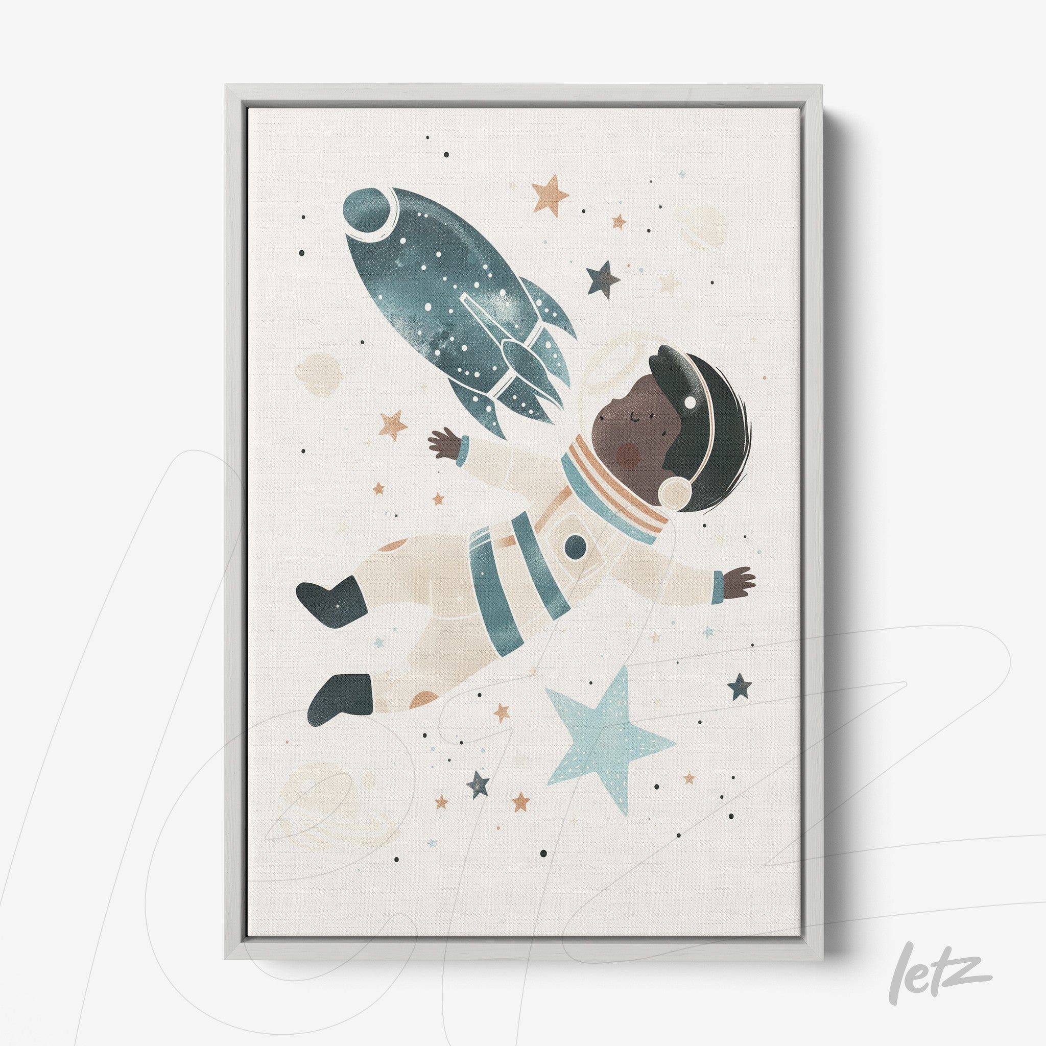 quadro com ilustração de astronauta negro flutuando no espaço, acompanhado por foguete e estrelas, em moldura prateada