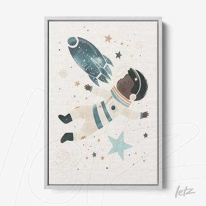 quadro com ilustração de astronauta negro flutuando no espaço, acompanhado por foguete e estrelas, em moldura prateada
