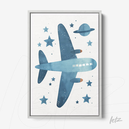 quadro em canvas com ilustração de avião azul em meio a estrelas e planetas em fundo claro