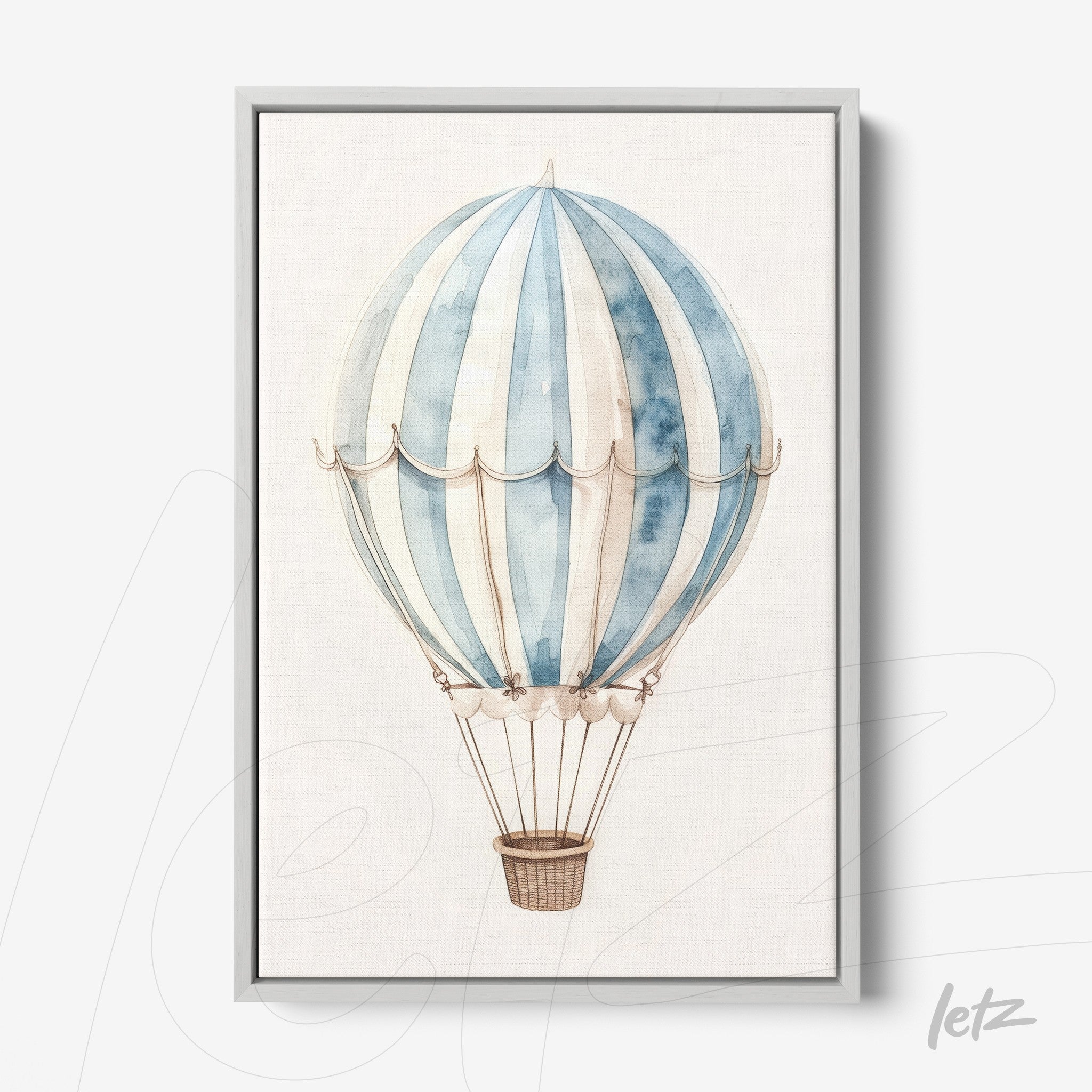 quadro com ilustração de balão de ar quente em tons de azul e branco em moldura cinza clara
