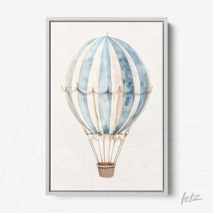 quadro com ilustração de balão de ar quente em tons de azul e branco em moldura cinza clara