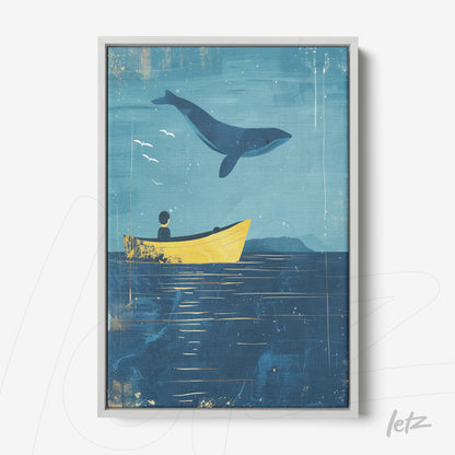 quadro com arte de uma criança em um barco amarelo olhando para uma baleia saltando em fundo azul