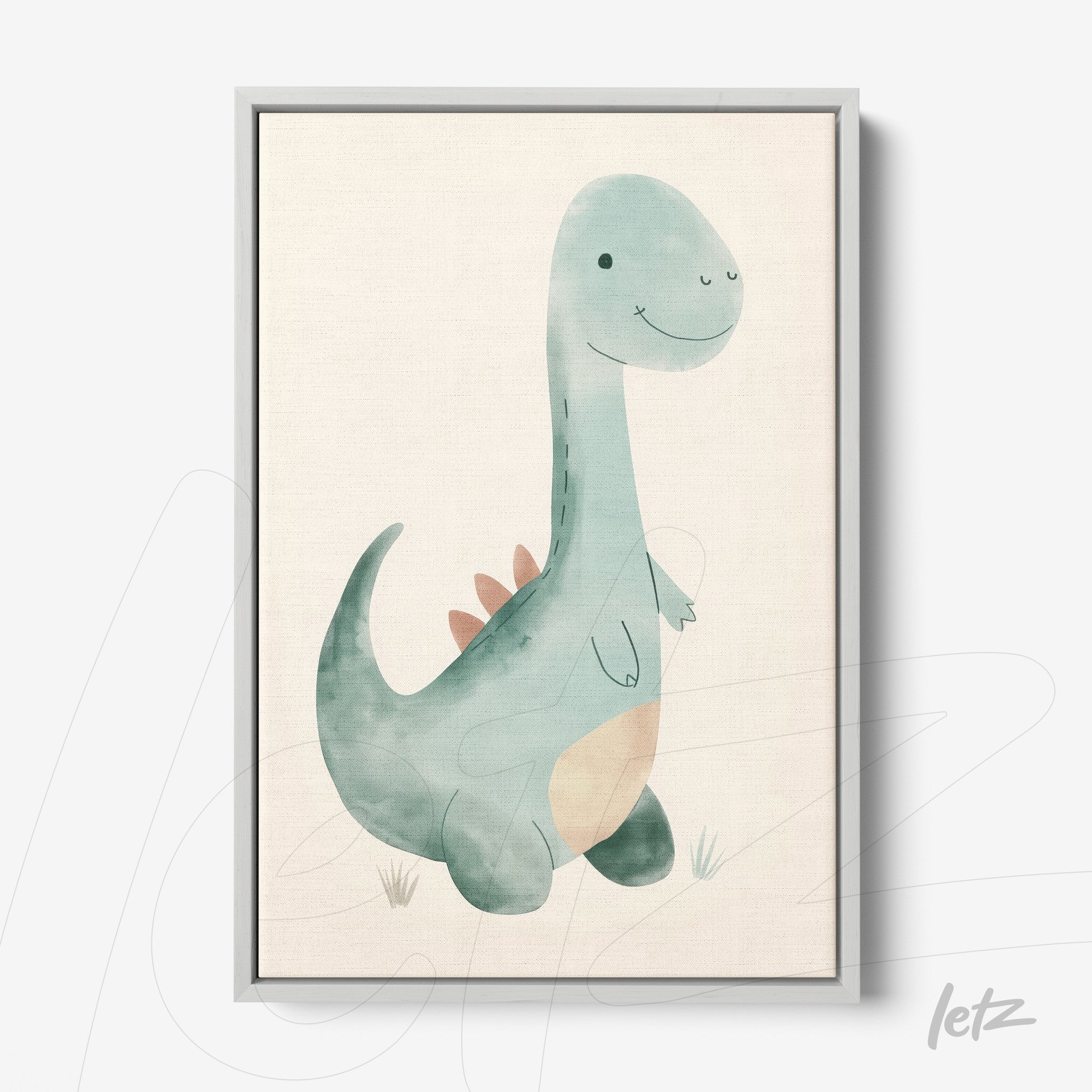 quadro com arte aquarela de dinossauro em moldura lisa cinza