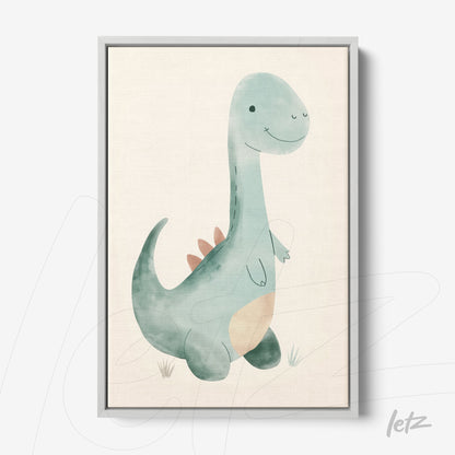 quadro com arte aquarela de dinossauro em moldura lisa cinza