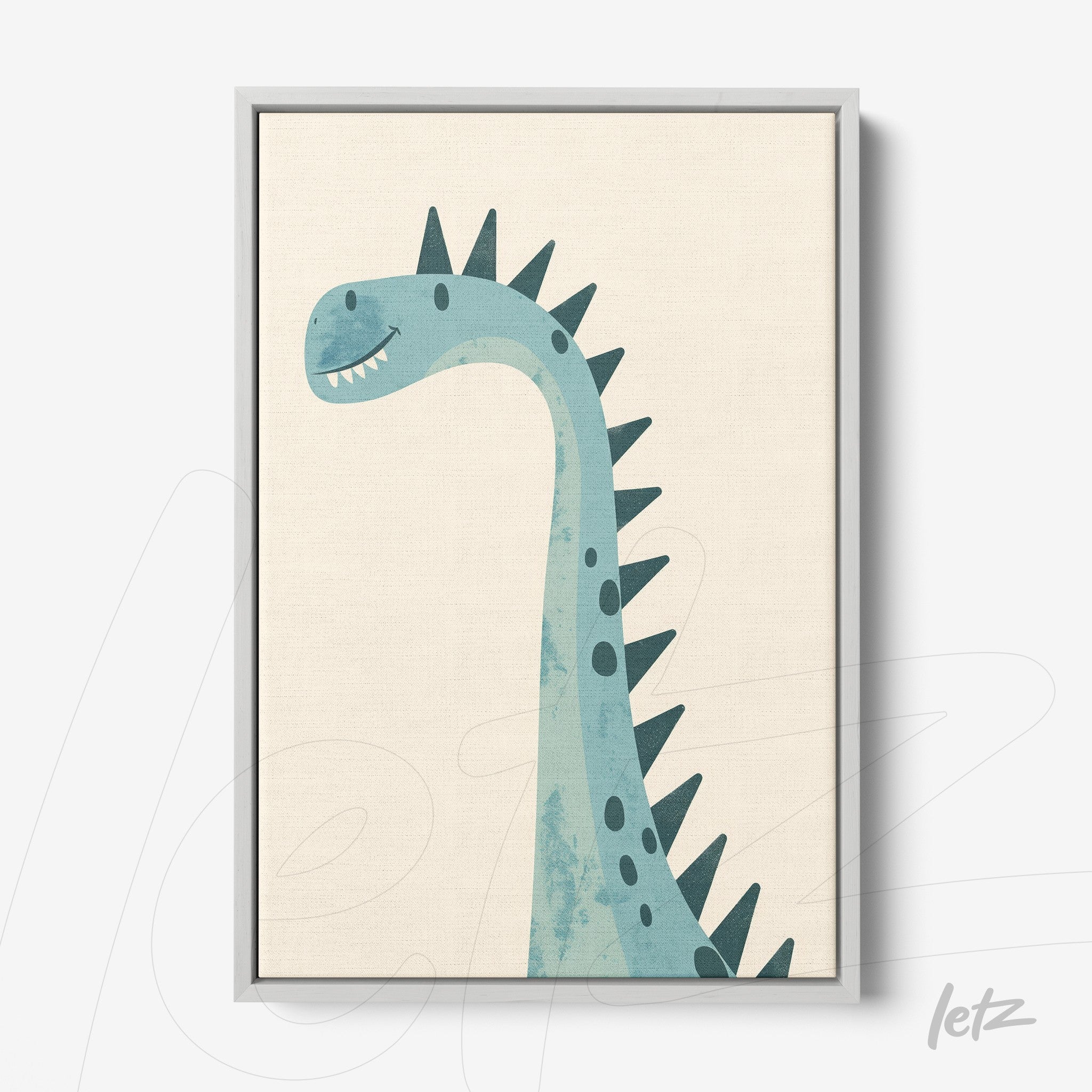 quadro infantil com desenho de dinossauro em tons de azul e verde em moldura cinza