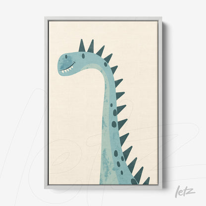 quadro infantil com desenho de dinossauro em tons de azul e verde em moldura cinza