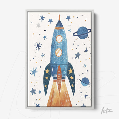 quadro com ilustração de foguete azul em fundo estrelado, com planetas e estrelas em tons suaves, moldura clara