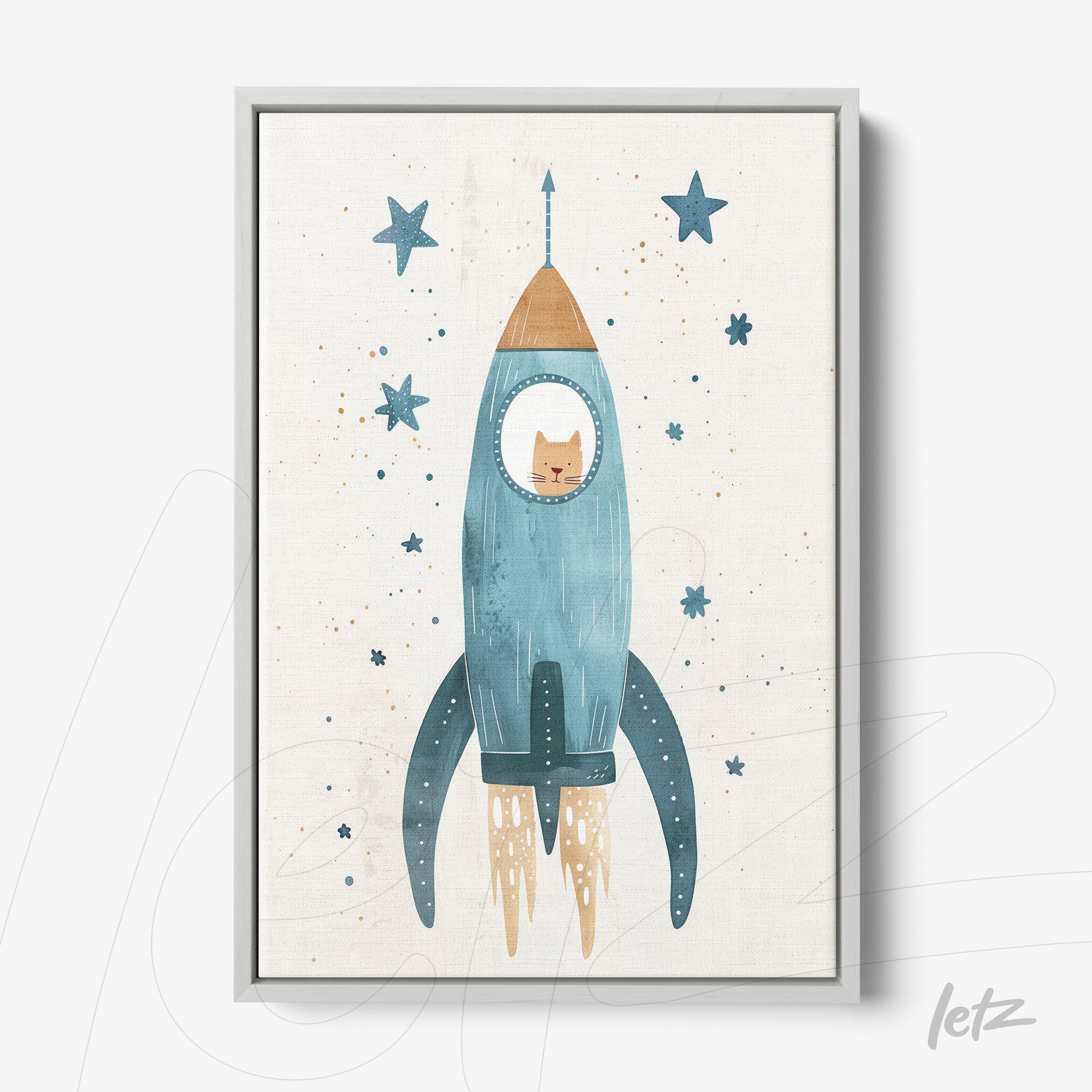 quadro com ilustração de um gato dentro de uma nave espacial azul com detalhes em estrelas no fundo