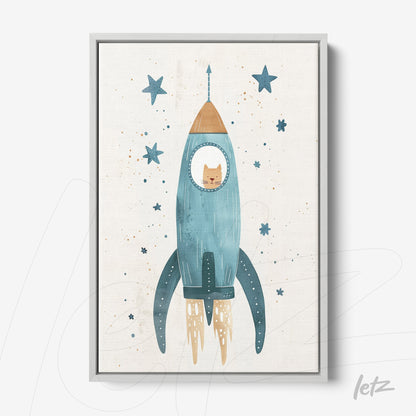 quadro com ilustração de um gato dentro de uma nave espacial azul com detalhes em estrelas no fundo