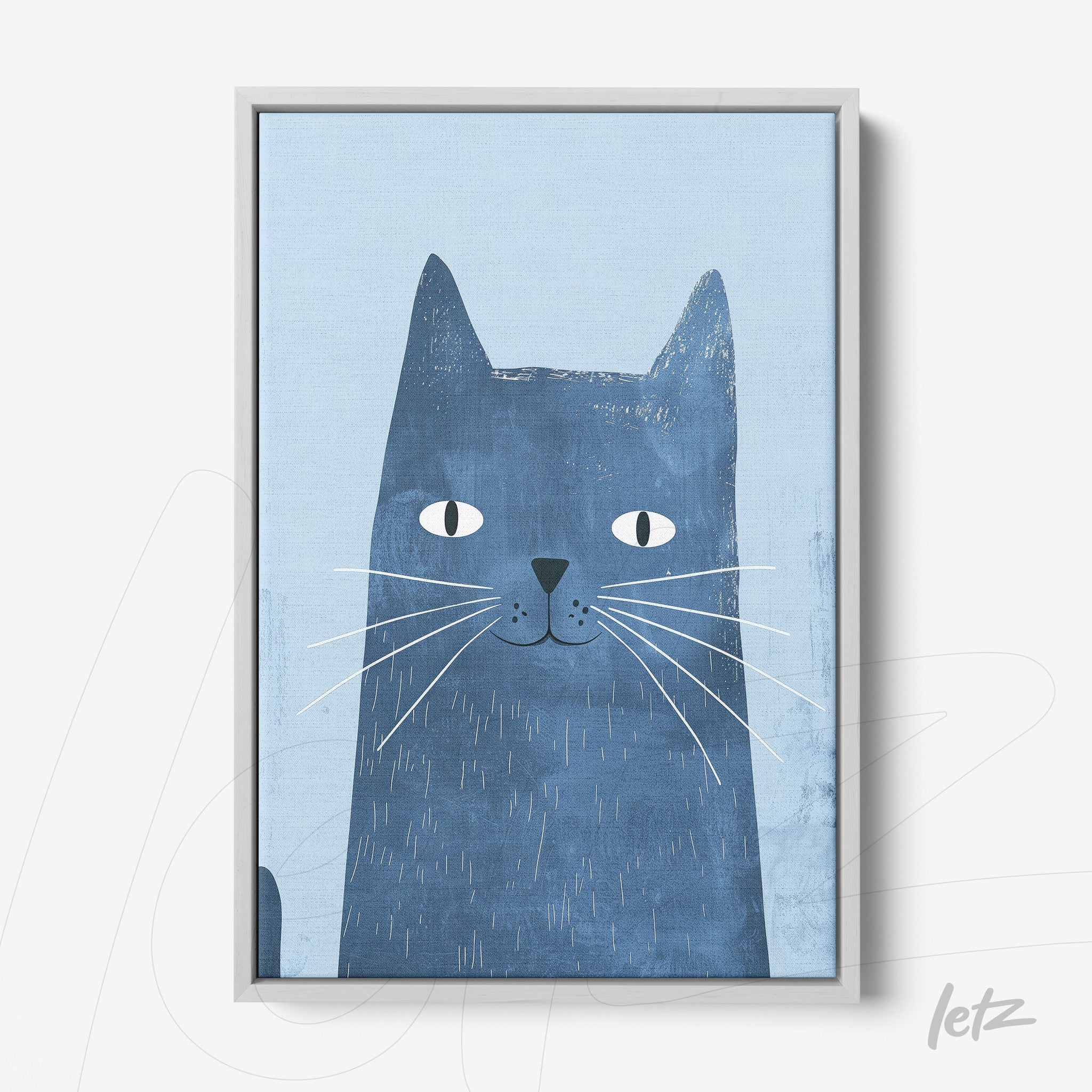 quadro com arte moderna de gato azul em fundo claro e moldura prata