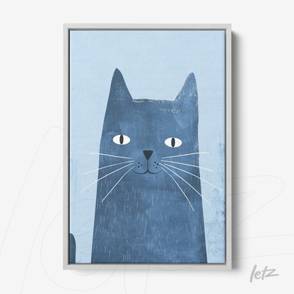 quadro com arte moderna de gato azul em fundo claro e moldura prata