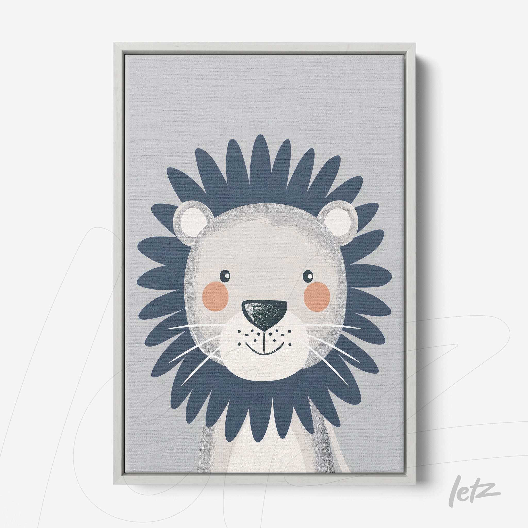 quadro em canvas com ilustração fofinha de leão com cabelo azul e fundo cinza claro em moldura branca