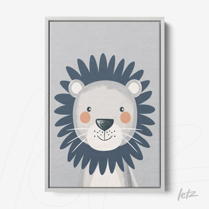 quadro em canvas com ilustração fofinha de leão com cabelo azul e fundo cinza claro em moldura branca