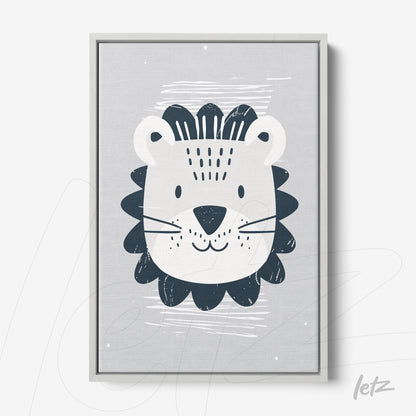 quadro com ilustração de leão em fundo cinza, contornos em azul escuro e moldura clara