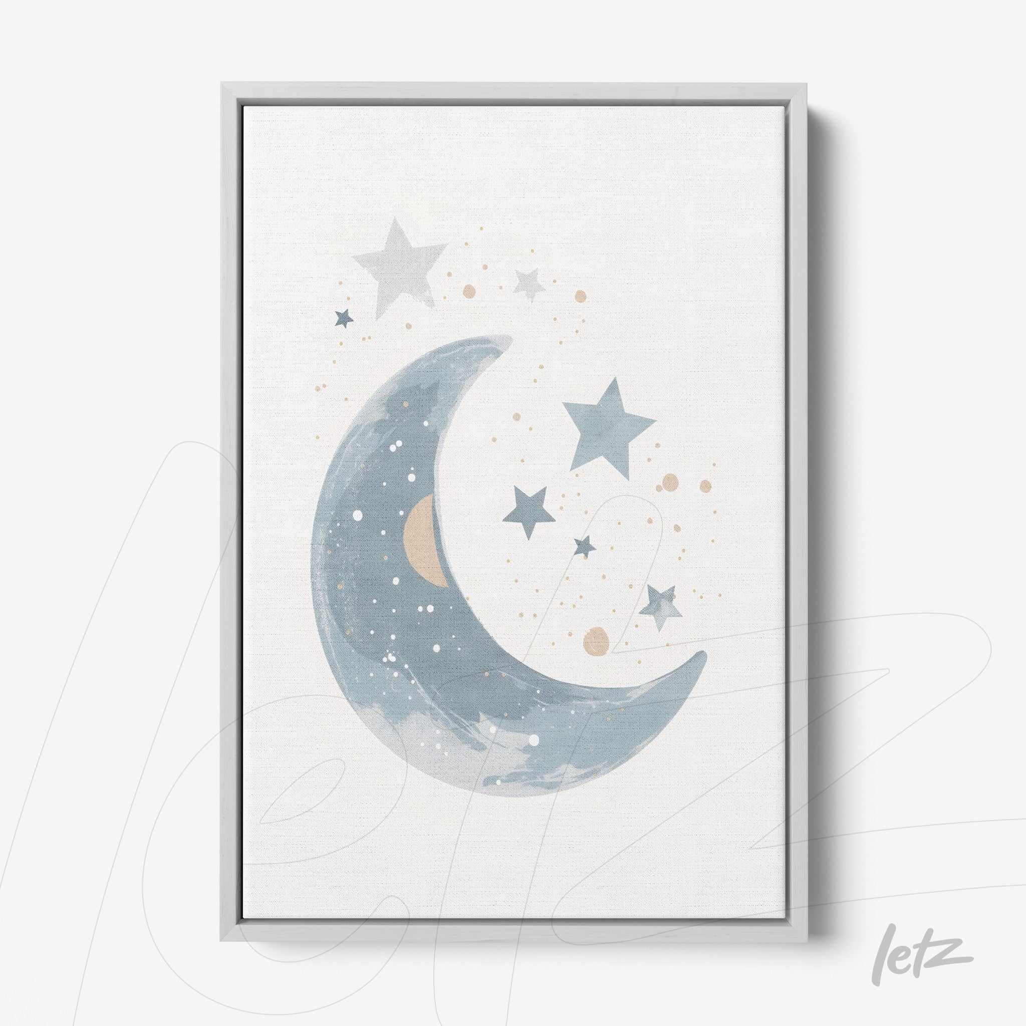 quadro com arte ilustrativa de lua crescente em tons de azul, rodeada por estrelas e pontos em cores pastel, em moldura prateada