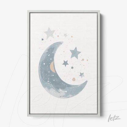 quadro com arte ilustrativa de lua crescente em tons de azul, rodeada por estrelas e pontos em cores pastel, em moldura prateada