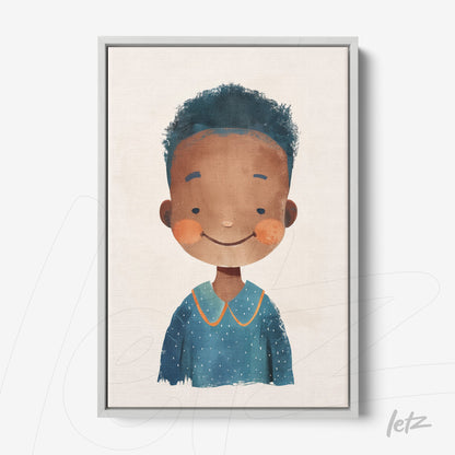 quadro com arte infantil de um menino sorridente com cabelo cacheado em moldura clara