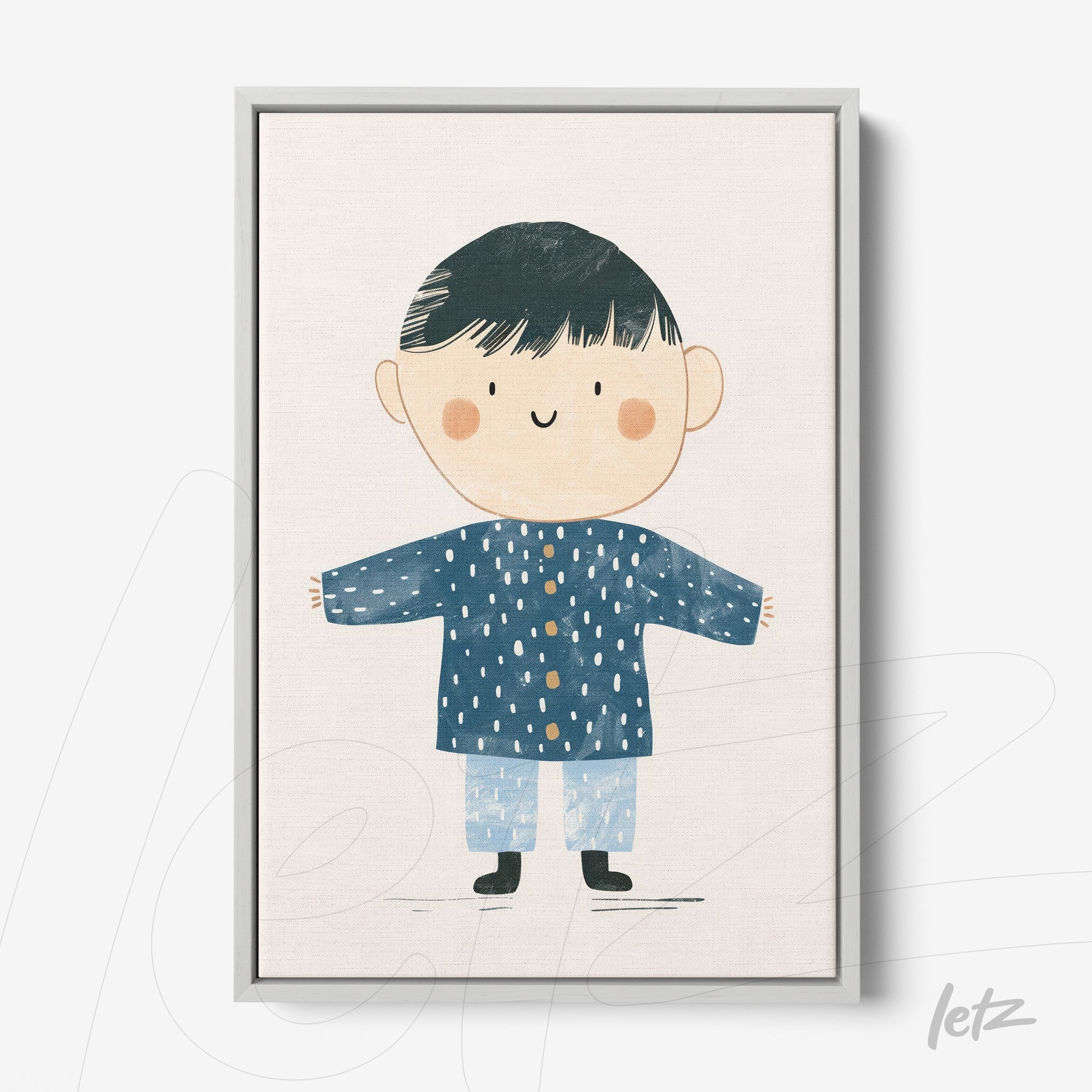 quadro com ilustração infantil de um menino sorridente vestido com casaco azul e calças de pijama em fundo claro