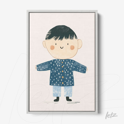 quadro com ilustração infantil de um menino sorridente vestido com casaco azul e calças de pijama em fundo claro