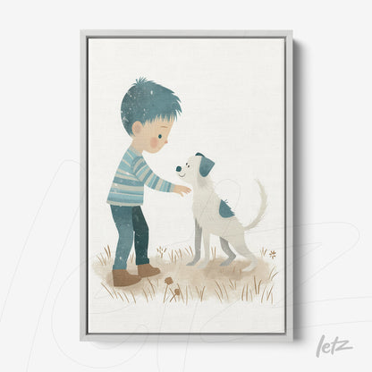 quadro com ilustração de menino acariciando cachorro em ambiente natural, com moldura cinza
