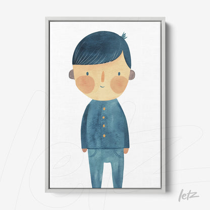 quadro com ilustração infantil de menino sorridente vestido com roupas azuis em moldura clara