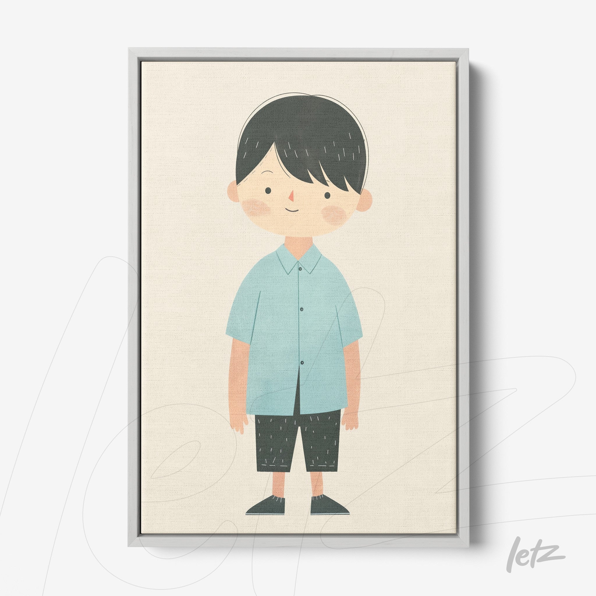 quadro em canvas com ilustração de um menino de camiseta azul e calças curtas pretas, moldura cinza clara