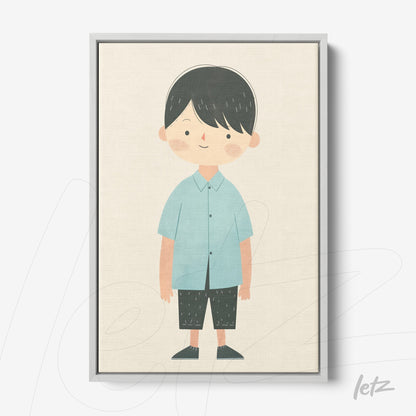 quadro em canvas com ilustração de um menino de camiseta azul e calças curtas pretas, moldura cinza clara