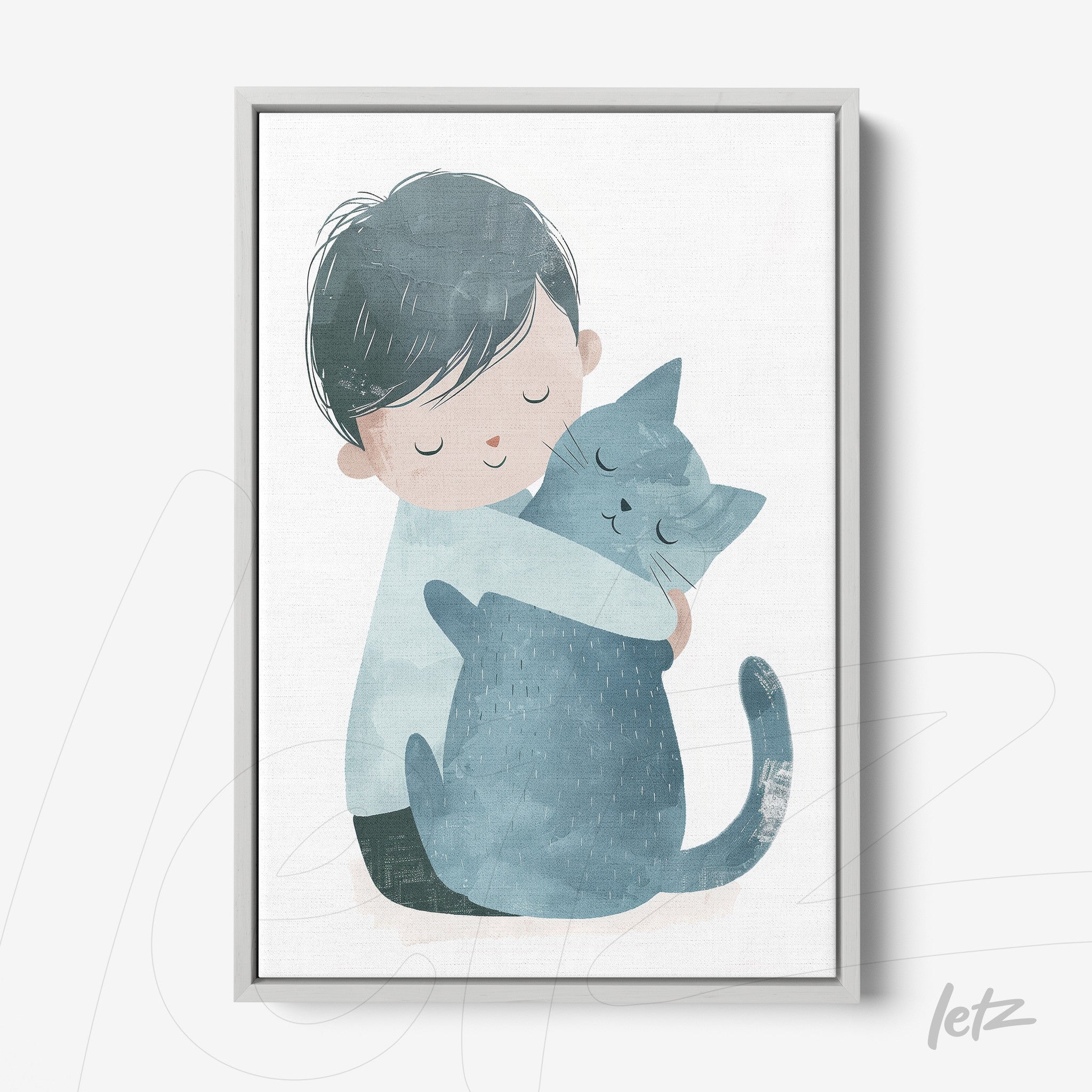 quadro com ilustração suave de um menino abraçando um gato azul em moldura cinza clara