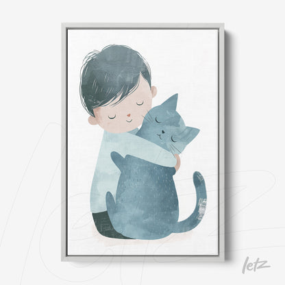 quadro com ilustração suave de um menino abraçando um gato azul em moldura cinza clara