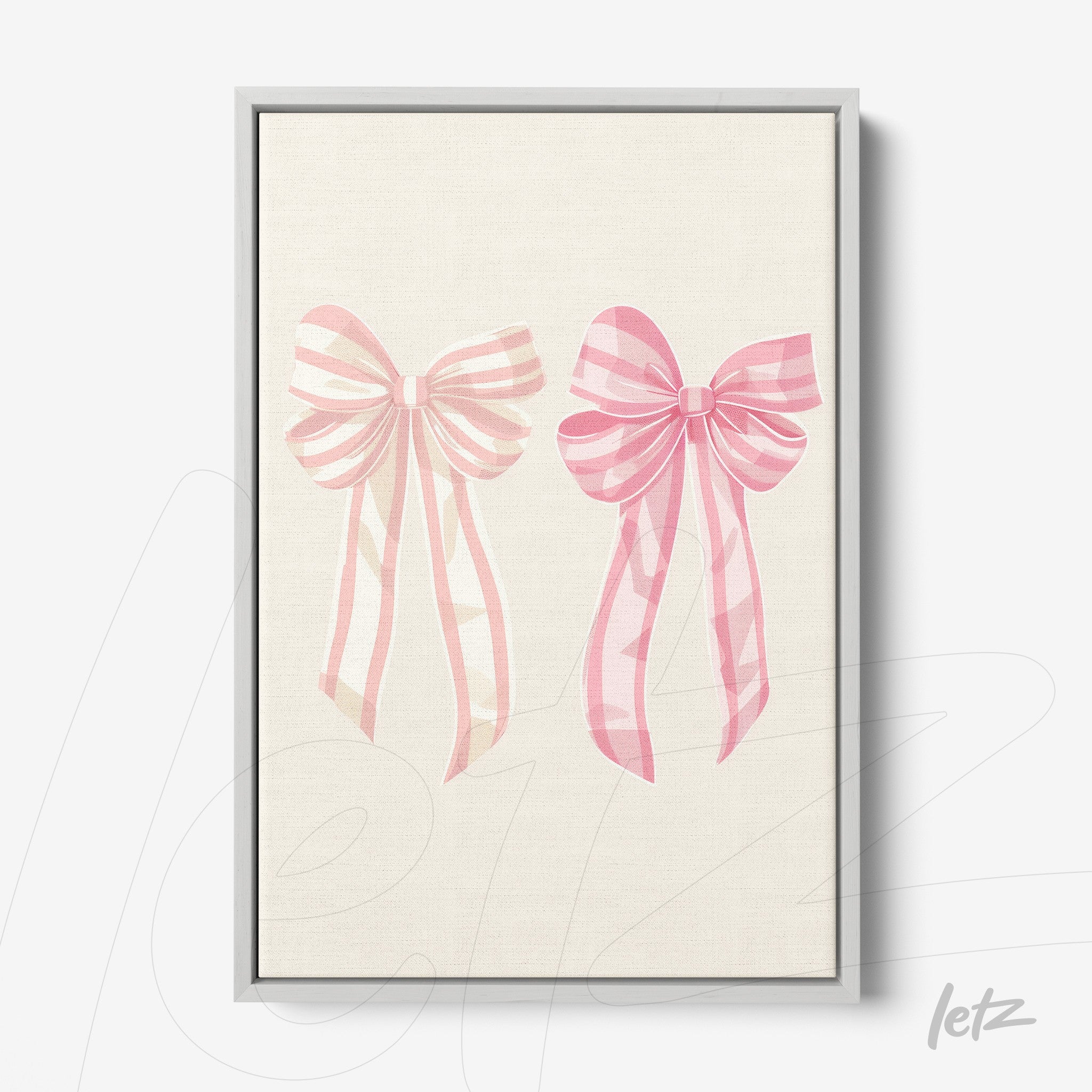 quadro com ilustrações de laços rosa em fundo claro, moldura cinza clara