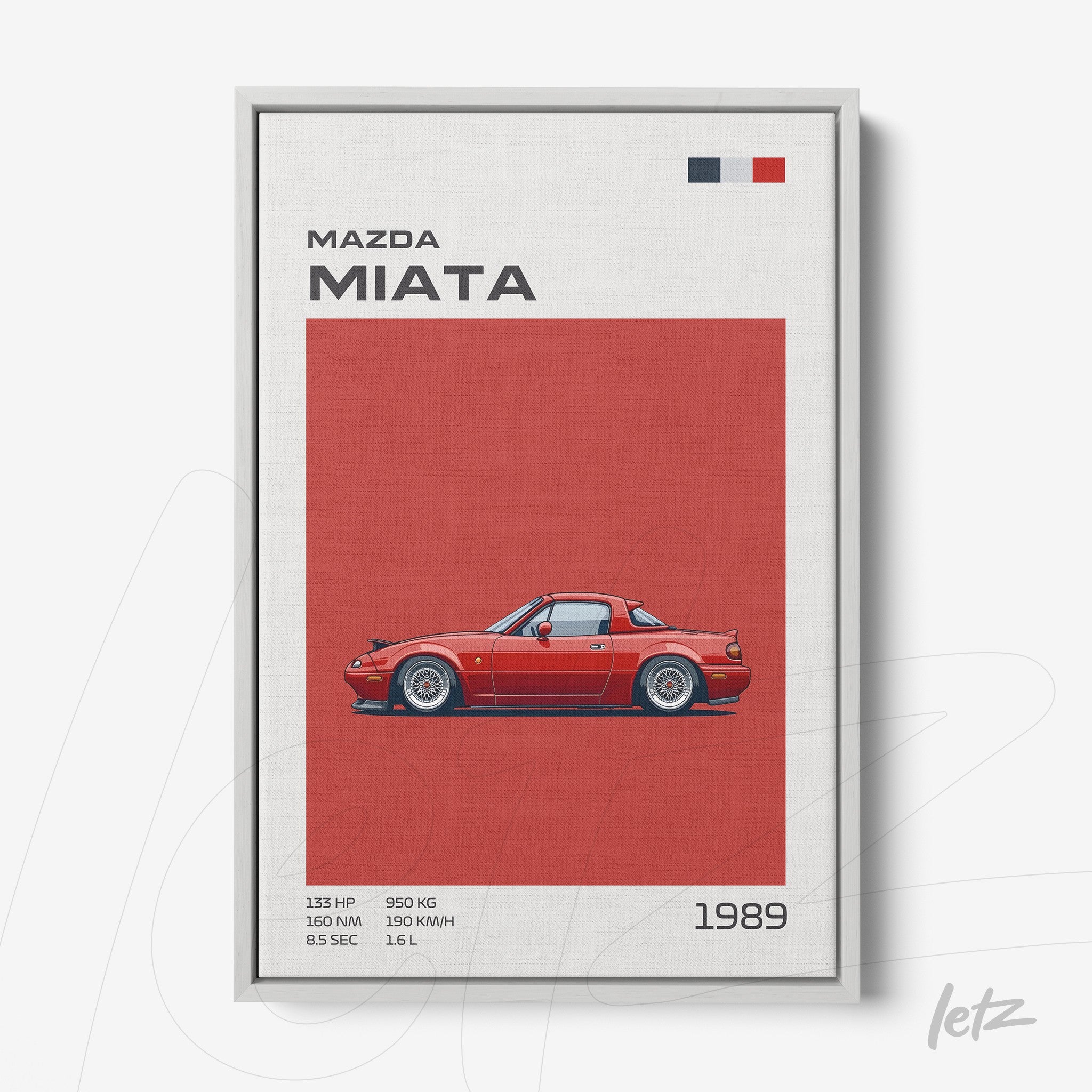 quadro com ilustração do carro Mazda Miata de 1989 em moldura prata, fundo vermelho e informações detalhadas ao lado